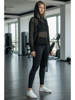 Victoria Sport Black Mesh Hoodie Pullover Drawstring Hem Womens Medium NEW